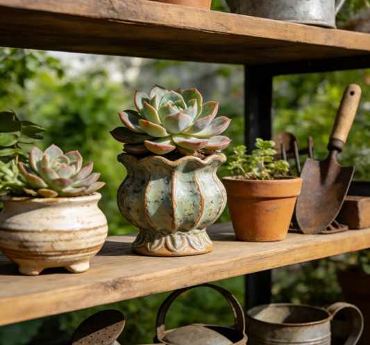 🌵 Baroque Revival Fluted Ceramic Succulent Planter – Hand-Thrown Reactive Glaze Footed Pot with Aged Sage Patina, One-of-a-Kind Artisanal Vessel for Echeveria & Mini Succulents
