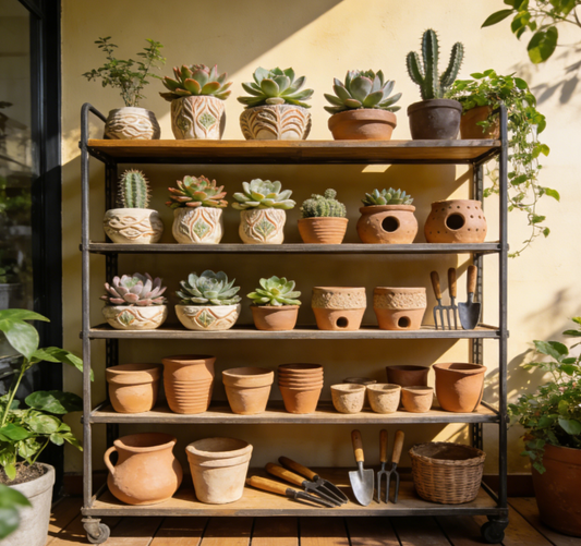 🪴TerraCotta Artisan Plant Stand with Integrated Tool Storage – Handcrafted Terracotta & Industrial Metal Shelf, One-of-a-Kind for Urban Gardeners