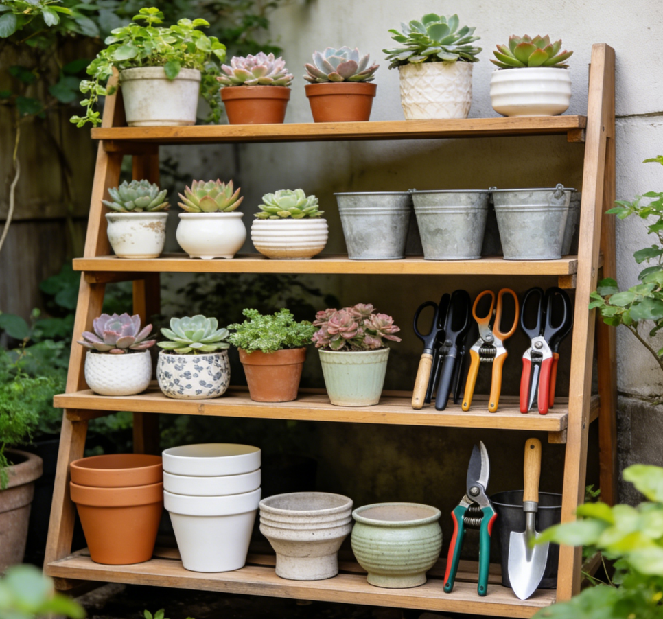 🌿4-Tier A-Frame Teak Wood Garden Storage & Display Etagere – One-of-a-Kind Multi-Functional Plant Shelf with Integrated Tool Organizer for Urban Gardeners & Succulent Collectors