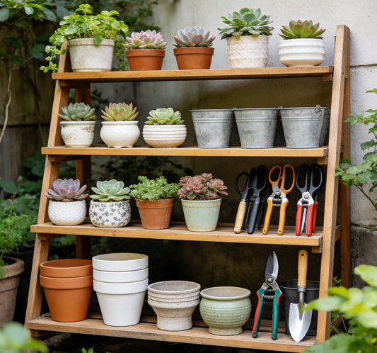 🌿4-Tier A-Frame Teak Wood Garden Storage & Display Etagere – One-of-a-Kind Multi-Functional Plant Shelf with Integrated Tool Organizer for Urban Gardeners & Succulent Collectors